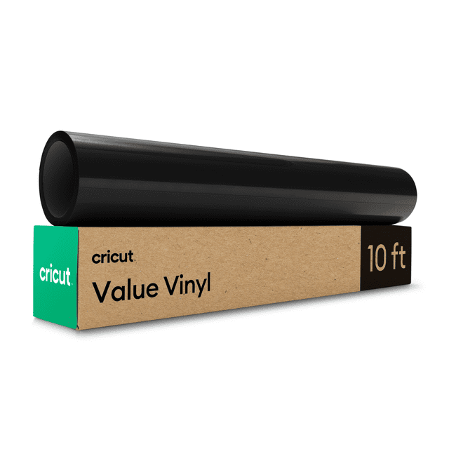Cricut® Value Vinyl (12 in x 10 ft), Black roll of matte finish craft vinyl resting on rectangular cardboard packaging with green Cricut branding and 10 ft label, ideal for DIY decals, labels, and personalized projects.