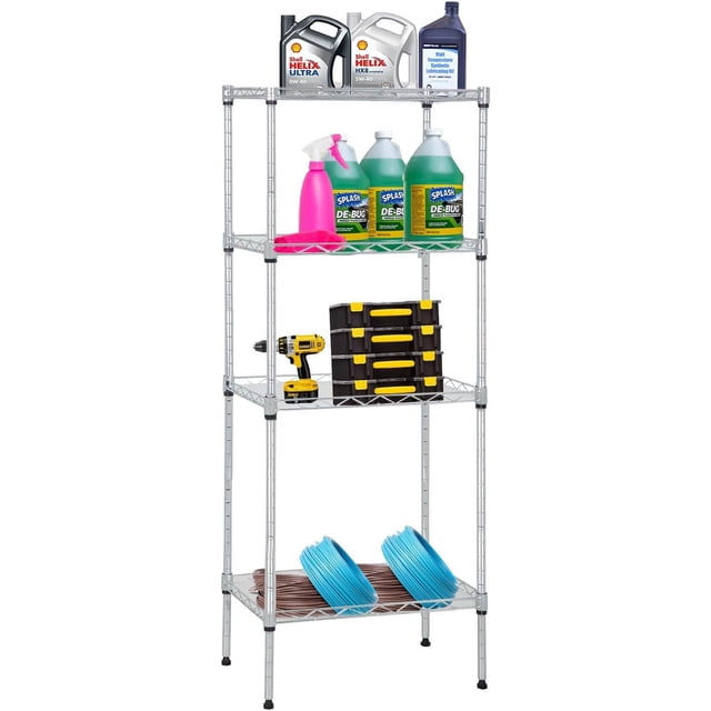 FDW Metal Shelving Storage Shelves Garage Shelving 4-Tier Adjustable Shelf with a 600 lbs total bearing capacity, chrome finish. This rust-resistant metal shelving unit features four adjustable tiers, each capable of holding up to 150 lbs, ideal for maximizing vertical storage and organization. The shelves are stocked with motor oil containers, cleaning supplies, a drill, toolboxes, and coiled wires, showcasing its multi-functional use for garage or home storage.