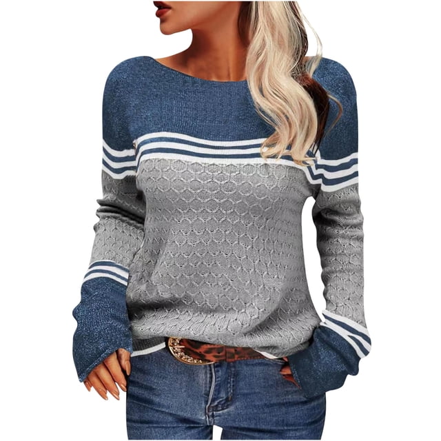 VgaVtl Womens Sweaters Plus Size Long Sleeve Fall Sweaters featuring a striped gray and blue color block pattern. This loose-fit knitted sweater has a crew neck and long sleeves, perfect for layering or casual wear. Styled with jeans for a relaxed look.