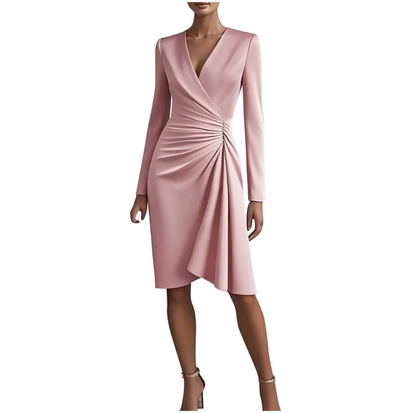 Women's Wrap V Neck Ruched Midi Dress, Long Sleeve A-Line Business Cocktail Wedding Guest Formal Work Dress,Pink,XL