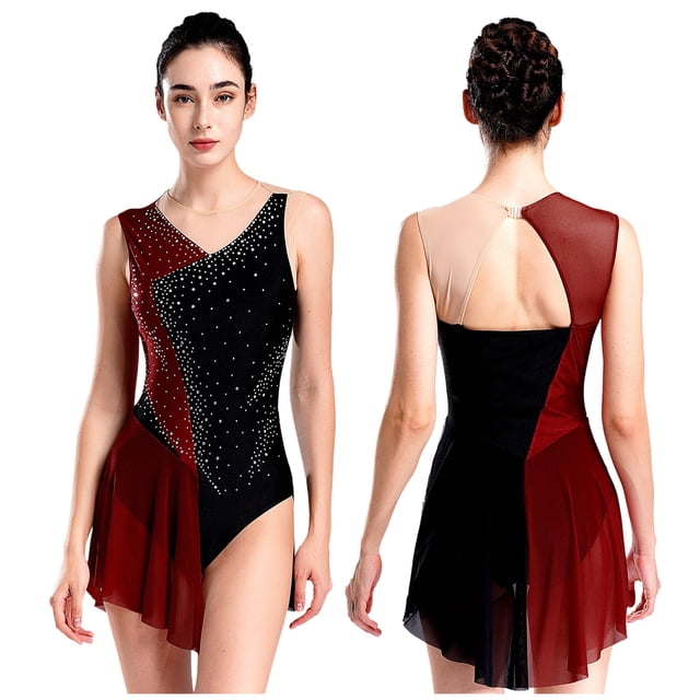 TiaoBug Justaucorps de Gymnastique pour Femmes à Paillettes avec Strass, Robe, Sans Manches, en Maille Transparente, Patchwork, Justaucorps à Jupe, Bourgogne, m