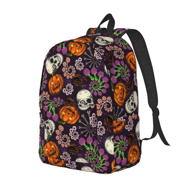 Vsdgher Halloween With Skull Print Canvas Backpack Travel Rucksack Unisex Knapsack 15.7/17.7Inch Laptop Backpack for Work,College-Small