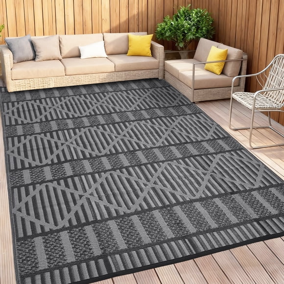 Patio Carpet Outdoor, Reversible Waterproof Plastic Straw Rug 8x10ft Geometric Leaves Pattern, Easy Care & Foldable for Garden Deck Porch RV Camping, Black Grey