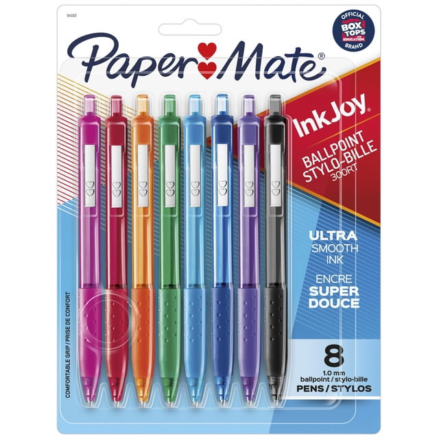 Paper Mate InkJoy 300RT ballpoint pens, medium 1.0 mm retractable tips, set of 8 in assorted vibrant colours including pink, red, orange, green, light blue, blue, purple, and black, each with a comfortable rubberized grip for smooth writing, suitable for office and school use.