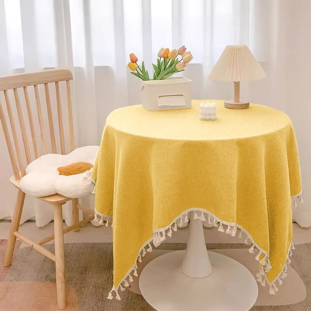 Qonioi Nappe Imperméable et Résistante à l'Huile avec Pompons, Nappe Rectangulaire en Polyester Coton Lin pour Décoration de Salle à Manger, Nappe Décorative Brodée pour Tables Basses Cuisine Maison