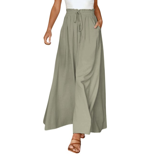 GZWYHT Wide Leg Pants,Palazzo Pants,Women's Wide Leg Pants Flowy Ruffle Solid Color Drawstring Waist Pants,Flowy Pants,High Waisted Pants,Sweatpants Women,Army Green,S