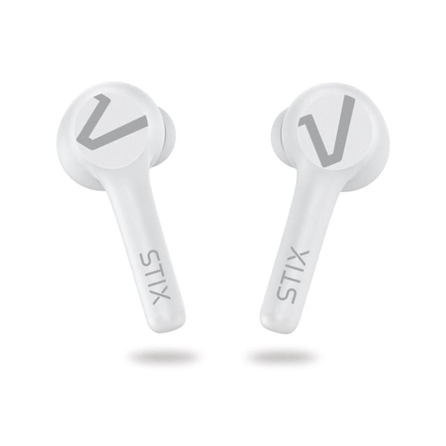 Veho STIX True Wireless Bluetooth Earphones with Charging Case in white, showing both earbuds with stem design and Veho logo on touch control surface, featuring Bluetooth V5, smart touch control, dual microphones, water-resistant body, and extended 20-hour battery life with charging case, suitable for sports and outdoor use.