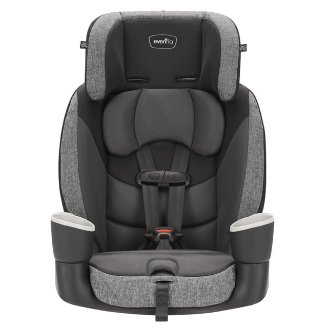 Evenflo Maestro Sport Harness Booster Car Seat in grey with padded headrest, dual cup holders, and 5-point harness featuring up-front adjustment and shoulder belt guide, designed for children 22-110 lbs with easy-to-clean seat pad.