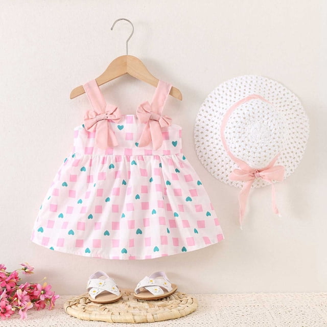 Robes pour Bébé Robe Tutu pour Fillette Sans Manches Robes d'Été pour Filles avec Chapeaux Ensemble 2 Pcs Robe de Princesse pour Bébé 1-2 Ans