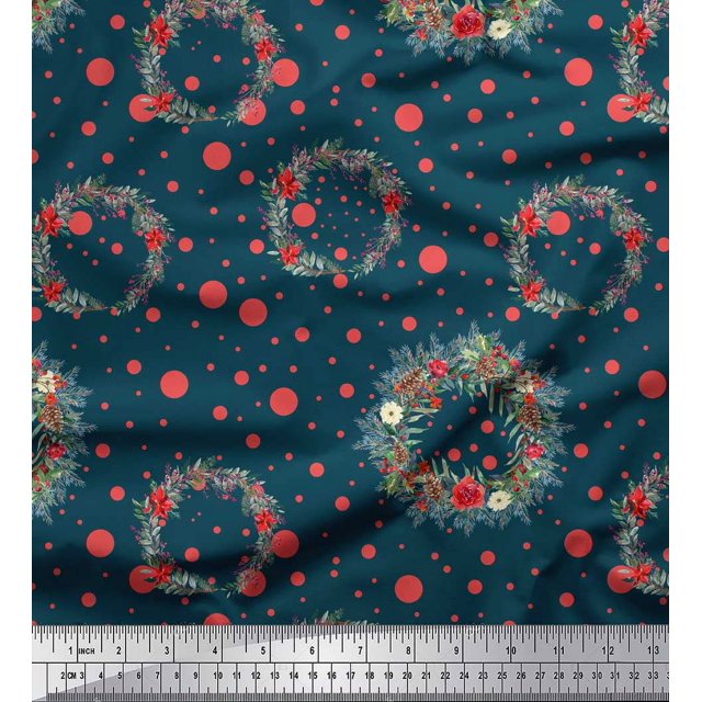 Soimoi Blue Rayon Crepe Fabric Wreath & Dots Print Fabric by Yard 46 Inch Wide