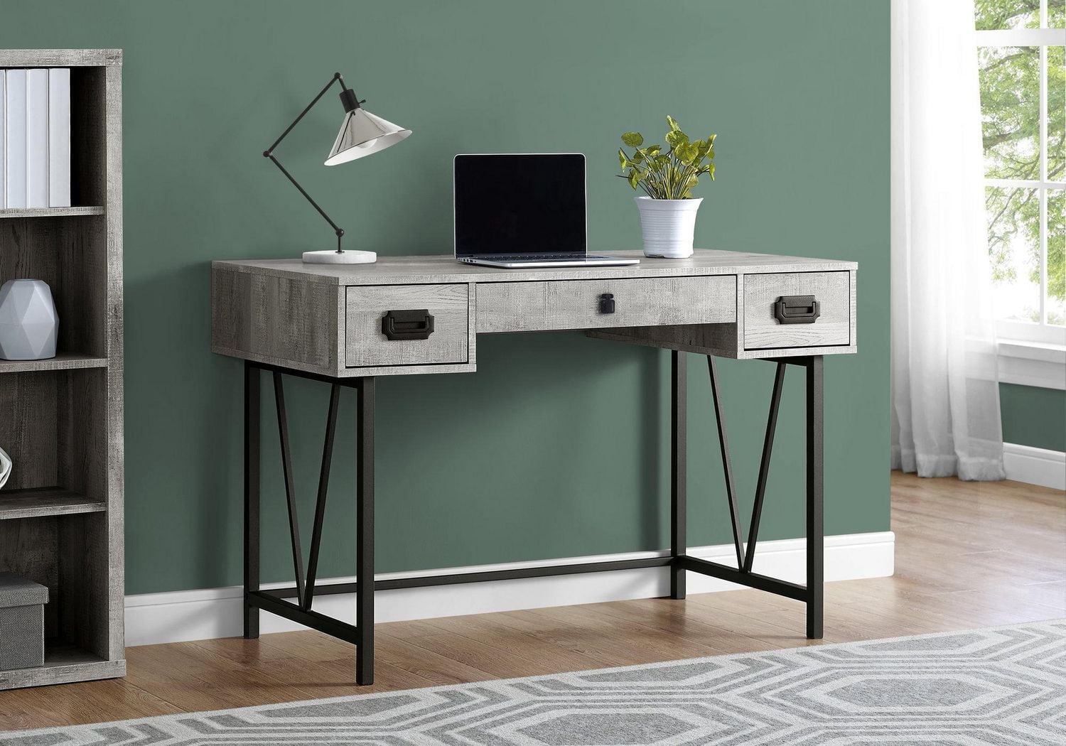 Monarch Specialties Computer Desk, Home Office, Laptop, Storage Drawers, 48"l, Work, Metal, Laminate, Grey, Black, Transitional