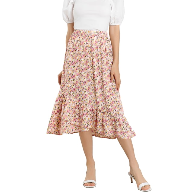 Unique Bargains Women's Floral Elastic Waist Ruffle High Low Hem Skirts