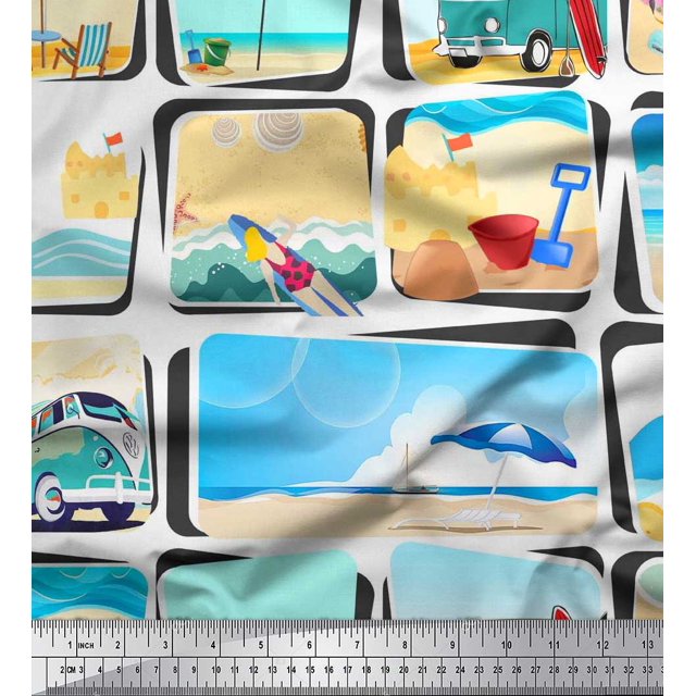 Soimoi Modal Satin Fabric Chair,Girl & Beach Surfboard Patchwork Print Fabric by Yard 42 Inch Wide