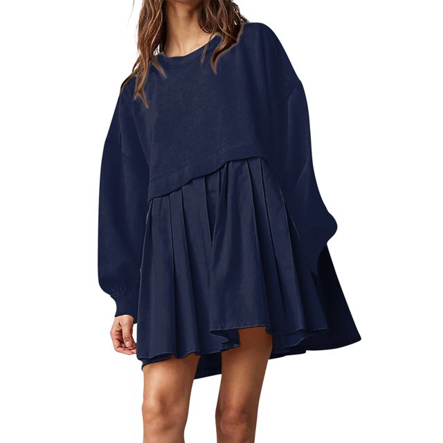 Womens Oversized Sweatshirt Dress Long Flowy Patchwork Pullover Tops Cute Drop Shoulder Sweatshirts Fall Long Sleeve Mini Dress Teen Girls Crewneck Solid Tunic Pleated Loose Clothing Beig