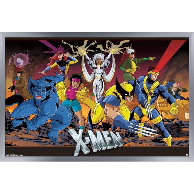Marvel Comics - The X-Men - Affiche Murale de Groupe, 22,375 Pouces x 34 Pouces Mettant en Vedette des Personnages Classiques de X-Men en poses d'Action Dynamiques sur un Fond de Champ de Bataille Enfumé. Wolverine en Jaune et Bleu avec des Griffes Étendues à l'Avant, et Cyclops Tire une Optique Rouge à Droite. Storm Se Tient au Centre avec des Cheveux Blancs et un costume Blanc, Mains Levées avec des Effets d'Éclairs. Jean Grey, Rogue, Gambit, Jubilee,