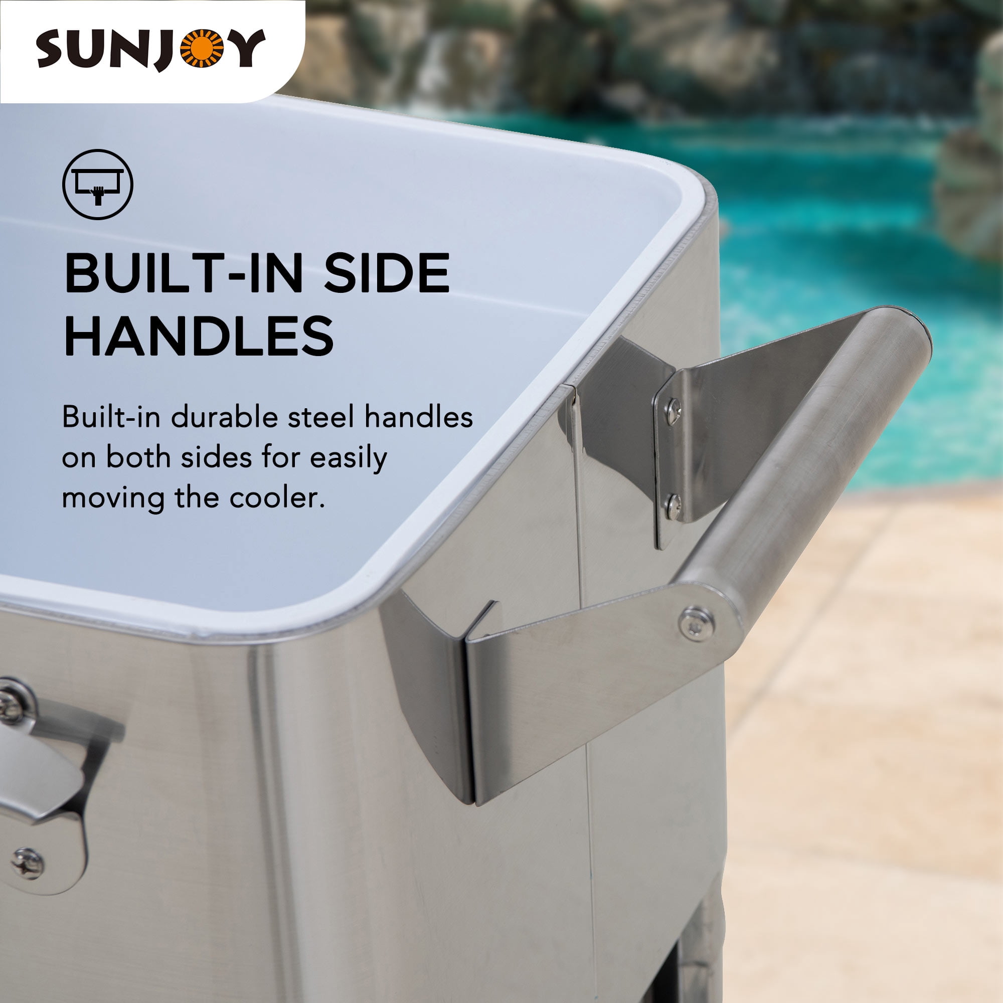 Sunjoy 80 Quart Patio Cooler Cart Stainless Steel Rolling Ice Chest With Steel Bottle Opener, Shelf And Lockable Wheels