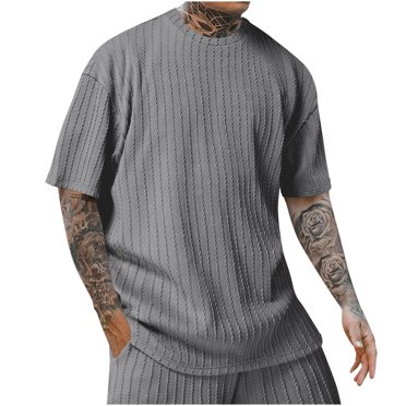 cfhntfmh T-Shirts Décontractés pour Hommes Été T-Shirts à Manches Courtes Grande Taille Chandail de Gym Col Rond Tricot Hauts en Coton