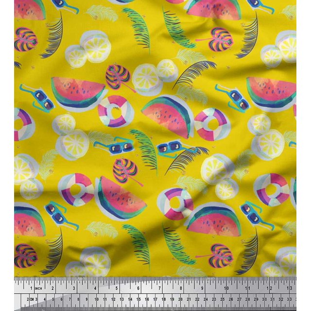 Soimoi Polyester Crepe Fabric Fruits,Swim Ring & Goggles Summer Designs Printed Fabric 1 Yard 52 Inch Wide