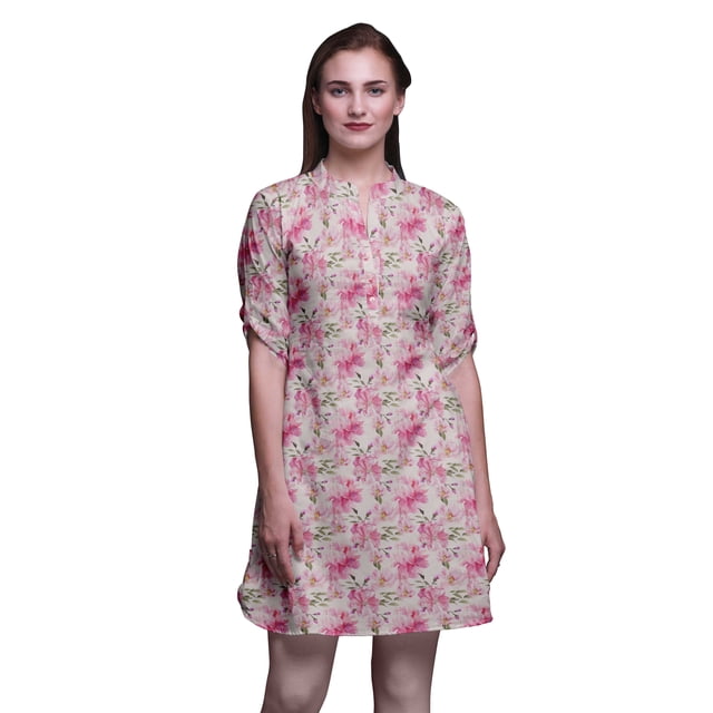 Bimba Kurti à Manches Retroussables pour Femmes, Col Mandarin Imprimé, Hauts de Kurti Courts