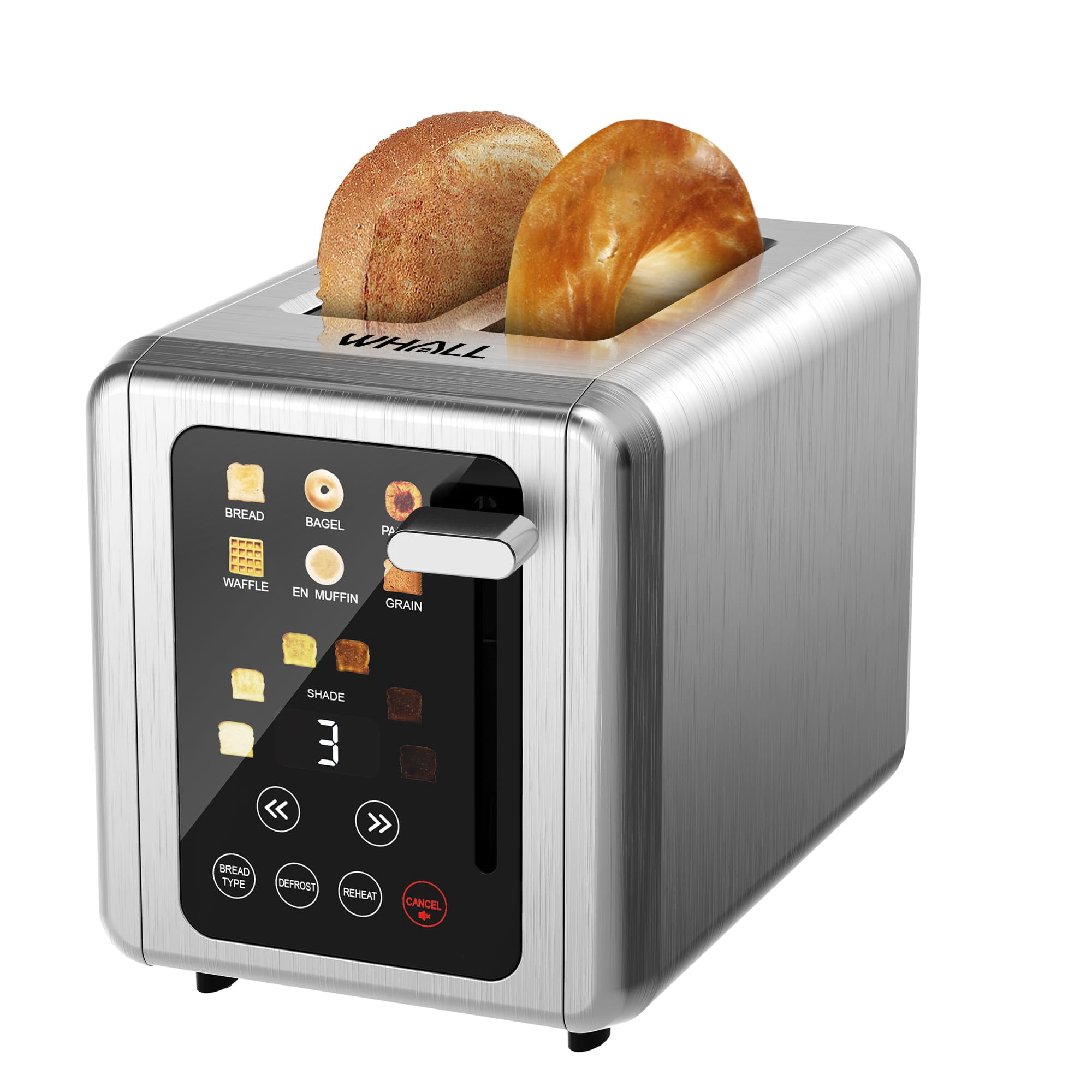 WHALL Touch Screen Toaster 2 Slice,Smart Digital Toaster with 1.5" Wide Slots,6 Shade Settings & 6 Bread Types,Memory Function,Countdown Timer,Brushed Stainless,Ideal Ki