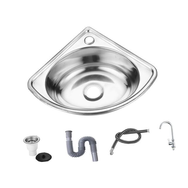 veasfak Small Corner Bathroom Sink Triangle Basin Wall Mounted Home Wash Basin Hand Wash Bar Sink for Bathroom Apartment Boat Restaurant Type B. Stainless steel triangular basin with a polished finish, designed for corner installation to save space in small bathrooms or apartments. Includes faucet, drain pipe, and mounting hardware for easy setup.