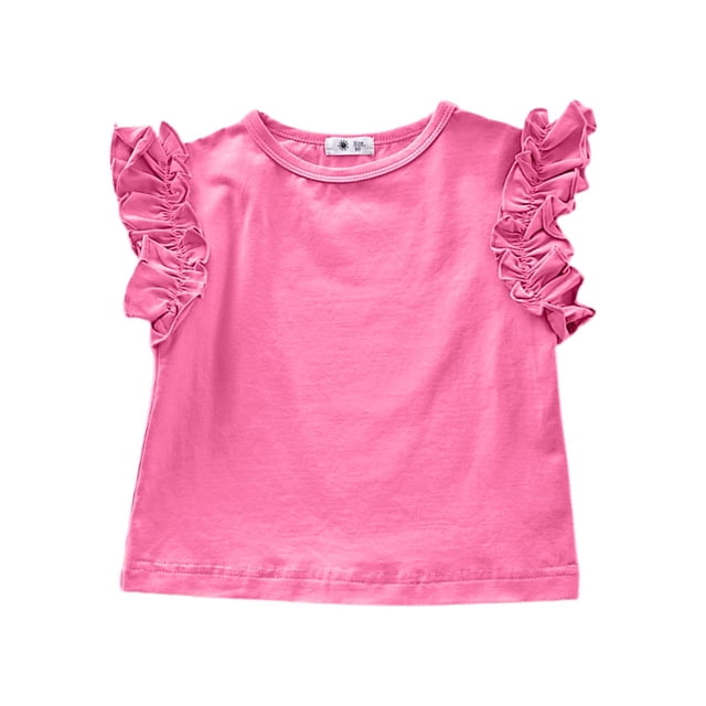 Sunnyoo Girls Ruffle Sleeve Cotton T-Shirt Solid Color Casual Crew Neck T Shirt