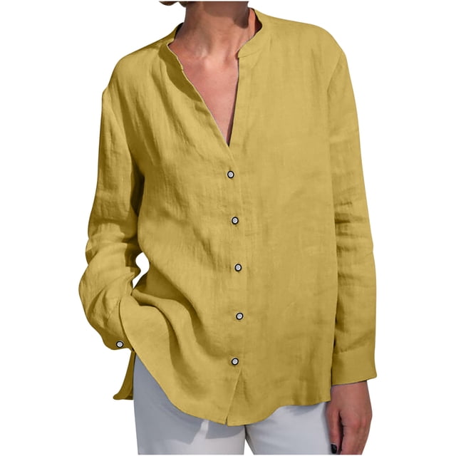 Penkiiy Womens Button Down Shirt 2024 Casual Long Sleeve Solid Color Shirts Loose Work Tops with Pockets L Yellow
