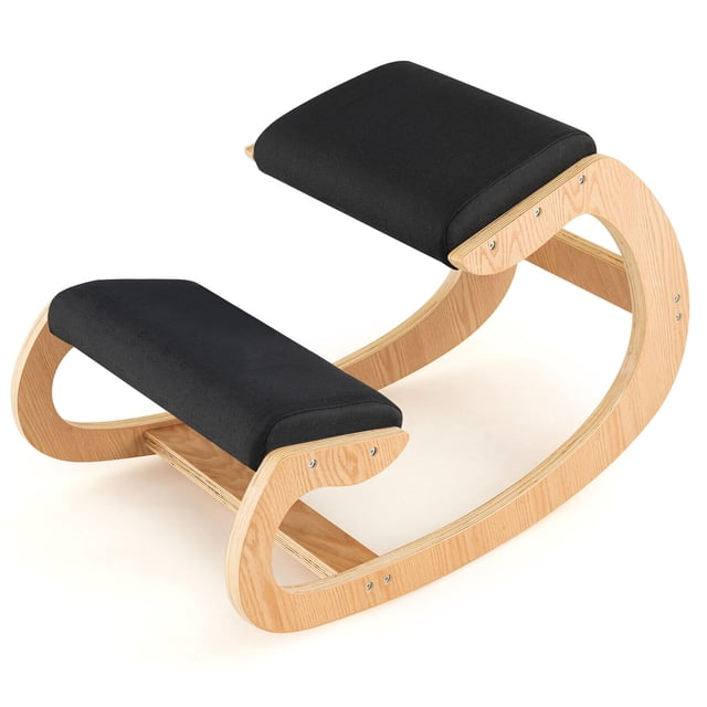 Gymax Ergonomic Kneeling Chair Wood Rocking Posture Stool with black cushioned seat and knee pads, featuring a curved solid wood base for improved posture and back support. High-density sponge padding and breathable polyester fabric ensure comfort. Ideal for home or office use.
