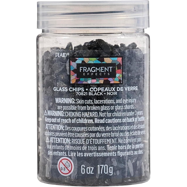 Fragment Effects Black Glass Chips, 6 oz jar of assorted small black glass chips with mirror backing inside a clear plastic container with screw-on lid, labeled with warnings about skin cuts and choking hazards, ideal for crafting, mosaics, and decorative projects on wood, glass, or canvas surfaces.