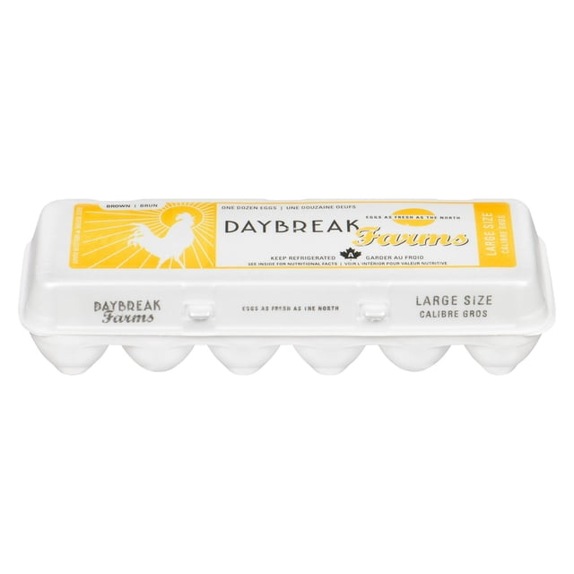 Daybreak Farms Large Brown Eggs 12-count carton with white plastic packaging and yellow label featuring a rooster graphic, brand name, large size, and refrigeration instructions. These Grade A eggs contain 6 g of protein per egg, supporting healthy muscles, skin, bones, and immune system, and are a cost-effective protein source.
