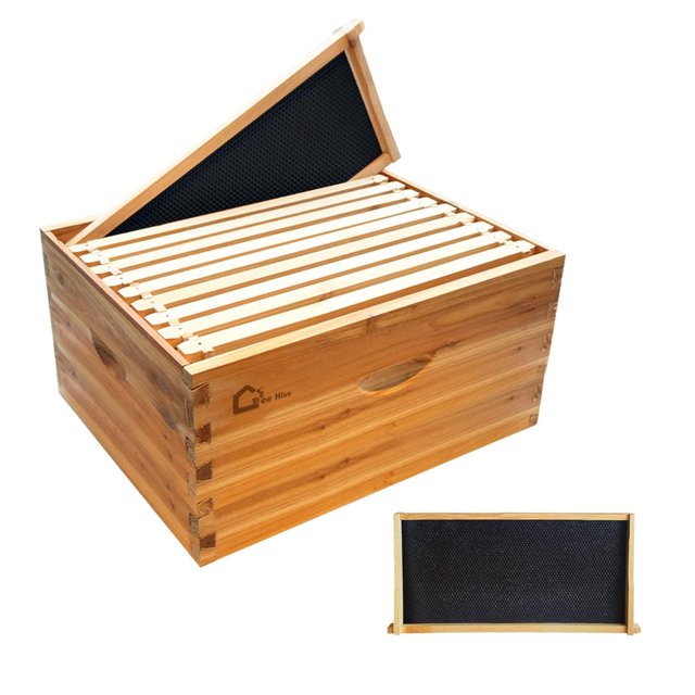 10-Frame Deep Brood Box, Wax Coated Bee Hives Deep Box with Beehives Frames and Wax Foundations, Langstroth Hive Body Brood Box for Beekeeping Supplement
