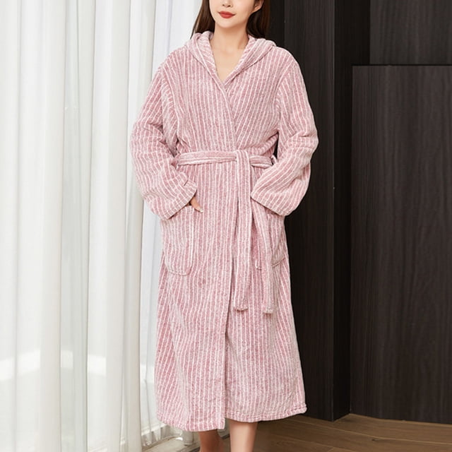 LSLJS Long Bath Robe for Womens Plush Soft Fleece Bathrobes Nightgown Ladies Pajamas Sleepwear Housecoat. A full-length, pink and white striped plush fleece bathrobe with a lapel collar, long sleeves, and an adjustable belt. The robe features two front pockets and a soft texture, designed for warmth and comfort. Suitable for lounging at home, post-shower relaxation, or as a gift for special occasions.
