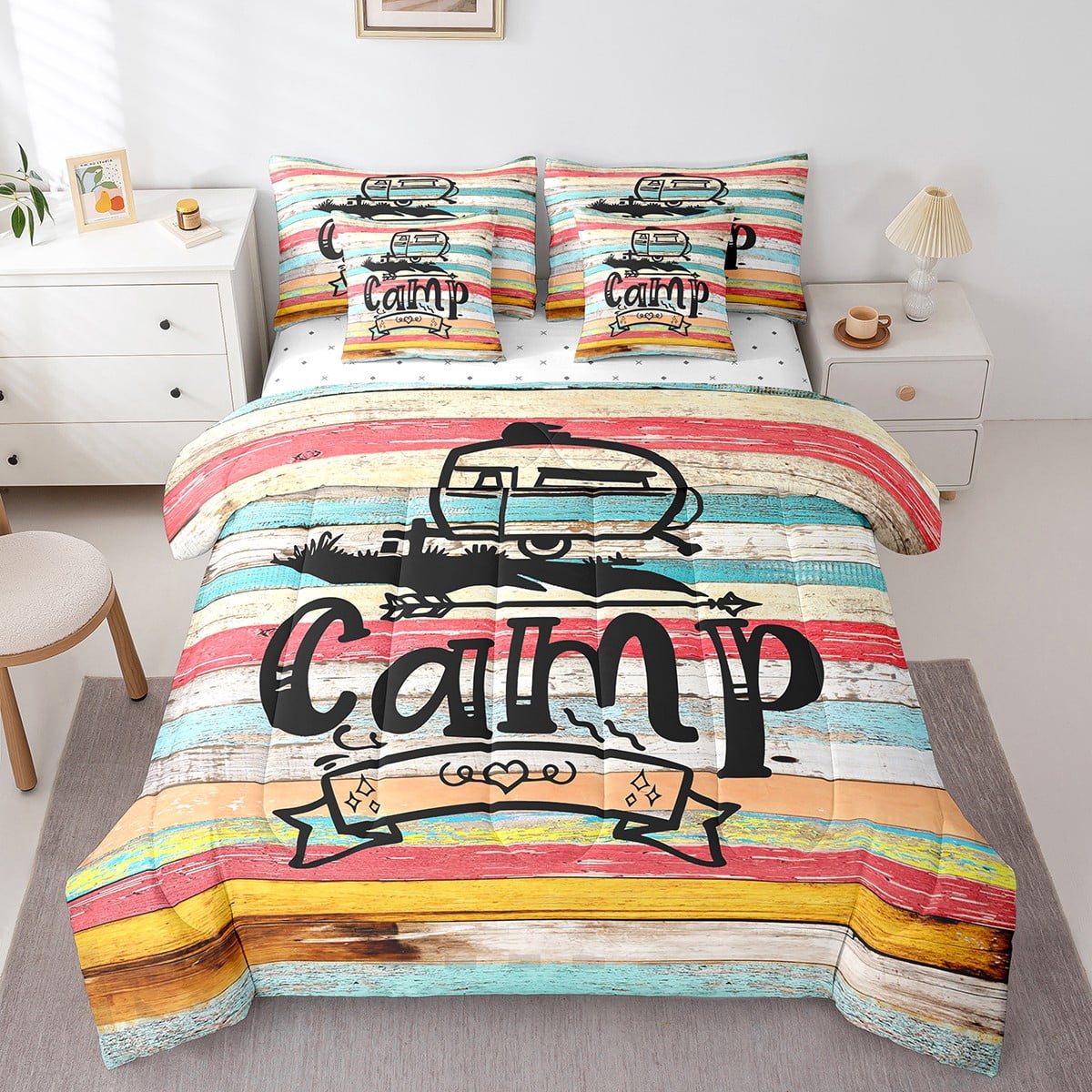 King Size 7-Piece Camping Decor Comforter Set Bed in a Bag Rv Camper Lovers Comforter Set with Rustic Wooden Sheets(1 Comforter, 1 Flat Sheet 1 Fitted Sheet 2 Pillowcases and 2 Throw Pillow Covers)