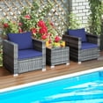 thumbnail image 1 of Gymax Ensemble de Conversation de Patio en Rotin 3 Pcs pour Extérieur Cour avec Coussin Bleu Marine, 1 of 10