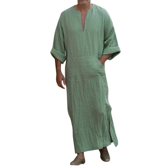 LUOGENLI T-shirts pour Homme pour Hommes Hommes Col en V Lin Manches Longues Caftan Thobe Longue Robe Chemise Robe Décontractée Robe Tee T-shirts Hommes Grande Taille et Grande Stature la Saint-Patrick Vert XXXXXL