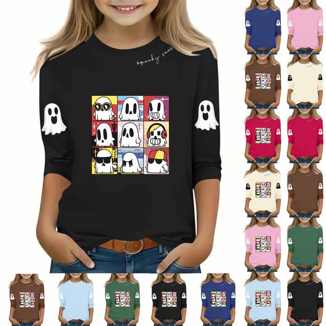MKOSPLRT T-Shirts d'Halloween pour Enfants Filles Garçons Manches 3/4 Hauts Col Rond T-Shirts Graphiques Amusants Décontractés Amples T-Shirts de Sortie T-Shirts de Rentrée