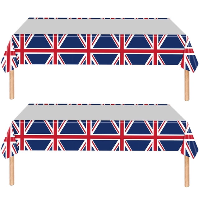 AMERTEER Union Jack Tableware Tablecloth/Paper Plates/ Napkins / Cups / Spoons / Fork / Triangle Flags Banner Dinnerware ,2 tablecloths