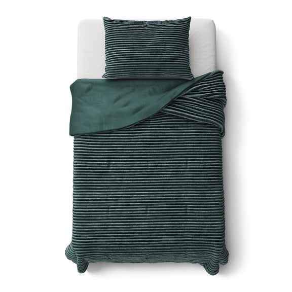 Ensemble de couette Mainstays Kids en velours côtelé pelucheux uni vert foncé, format lit une place, 2 pièces