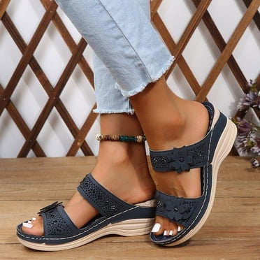 Gspmoly Slide Sandals for Women, Women's Fashion Casual Spring New Style Flower Beach Breathable Open-Toe Wedge Sandals Womens Slippers Navy 38