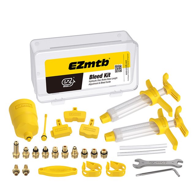 Goriertaly Bike Brake Maintenance Tools Set Universal Mountain Bicycle Hydraulic Disc Brake Oil Bleed Kit with STD metal connector. Includes ergonomic oil bleeding tools, 30ml capacity funnel, syringes, adapters, and various connectors. Made of durable metal and plastic materials, suitable for multiple brake brands. Compact size of 19x9.5x6cm, ideal for cycling enthusiasts.