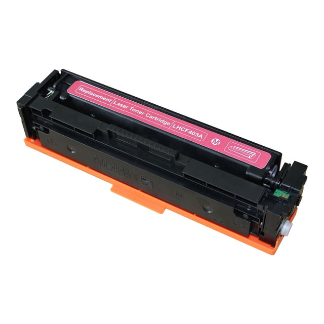 L-ink Compatible HP 201A (CF403A) Magenta Toner Cartridge shown at a 3/4 angle with black plastic casing and orange protective base, featuring a magenta label marked Replacement Laser Toner Cartridge LHCF403A, suitable for laser printers with a 1400 page yield and clear print quality.
