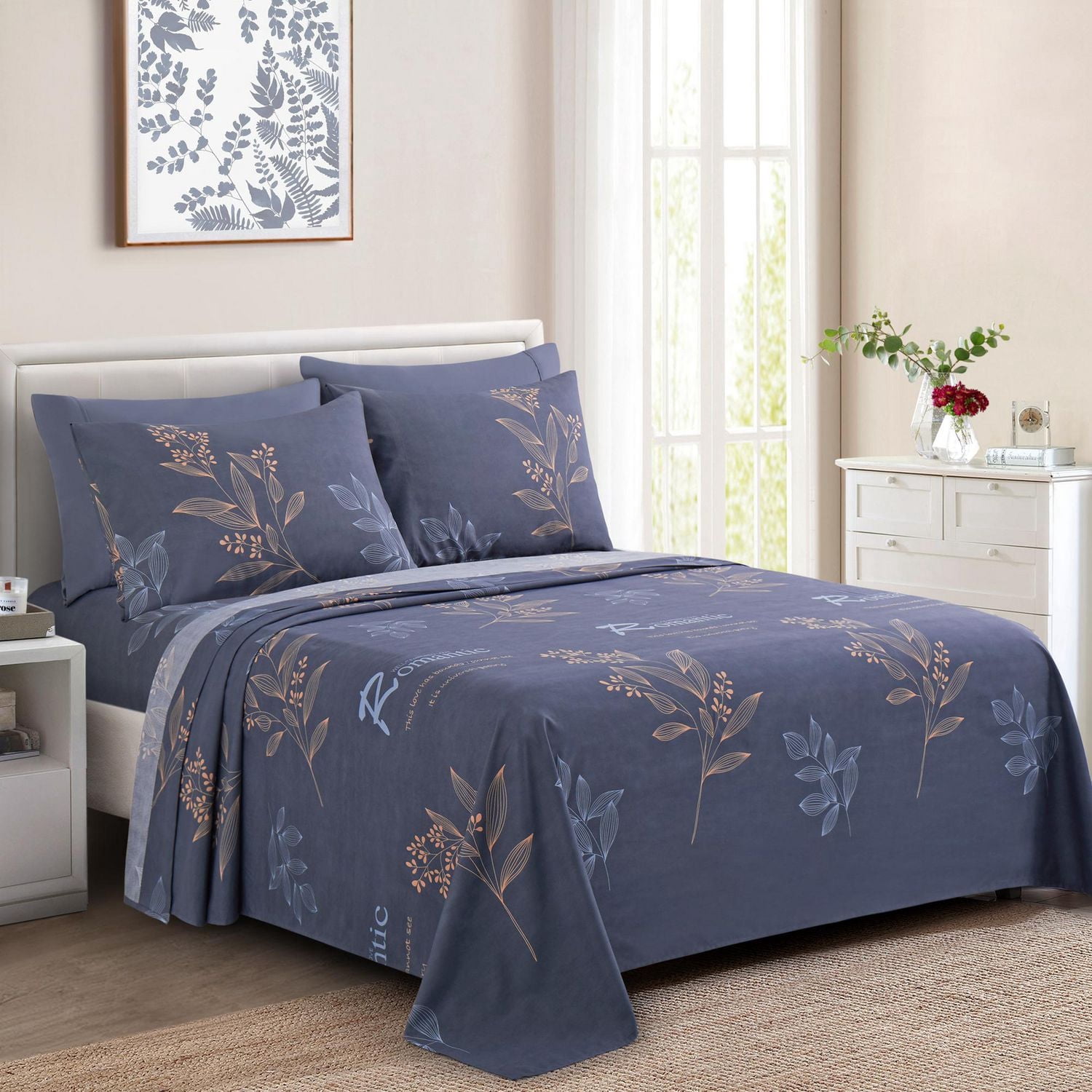 Literie Marina Décoration ultra douce et soyeuse, imprimée, en rayonne de bambou, toutes saisons, avec taies d'oreiller, motif floral romantique