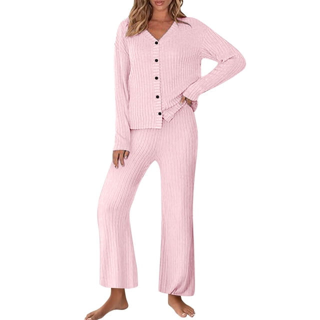 Diufon Matching Lounge Sets for Women Ribbed Long Sleeve Button Tops Matching Pants Sleepwear Set Fall Winter Outfits
