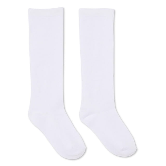 George Girls' Knee-High Socks 2-Pack front-facing view of two folded knee-high socks with visible ribbed cuffs and knit texture, ankle-to-knee length intended for skirts and dresses; includes two pairs, machine wash cold care, often used as leg-warmers or layering for dance practice.