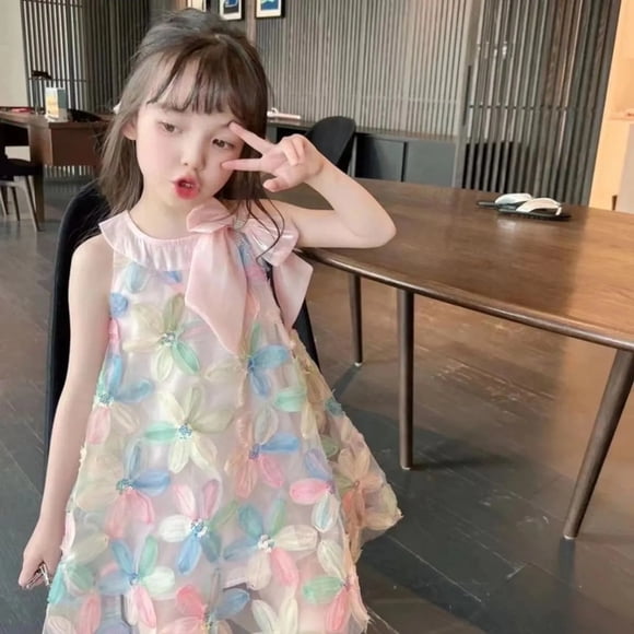 Summer Toddler Baby Flower Dress Pink Green Sleeveless Princess Dress with Bow Kids Loose Tank Dresses for Girls fits 2-10Years