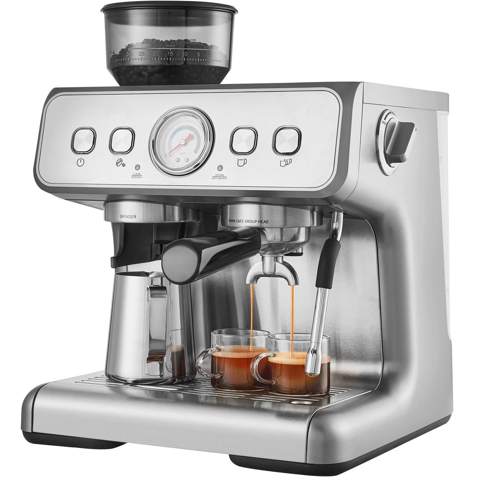 KFFKFF Coffee Machine with Grinding Feature, 15 Bar Semi-Auto Coffee Brewer with Milk Frothing Wand, Detachable Water Reservoir & Pressure Indicator, Machiato, PID Regulation Mechanism