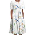 thumbnail image 1 of QJUHUNG Midi pour Femmes Été Décontracté Ample Bohème à Imprimé Floral Col Ras du Cou Manches Courtes Longueur Genou Robe Froncée avec Poches, 1 of 4