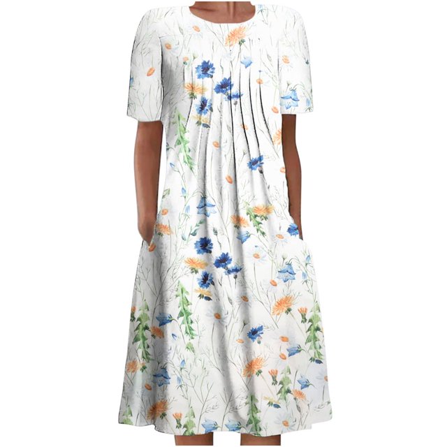 QJUHUNG Midi pour Femmes Été Décontracté Ample Bohème à Imprimé Floral Col Ras du Cou Manches Courtes Longueur Genou Robe Froncée avec Poches