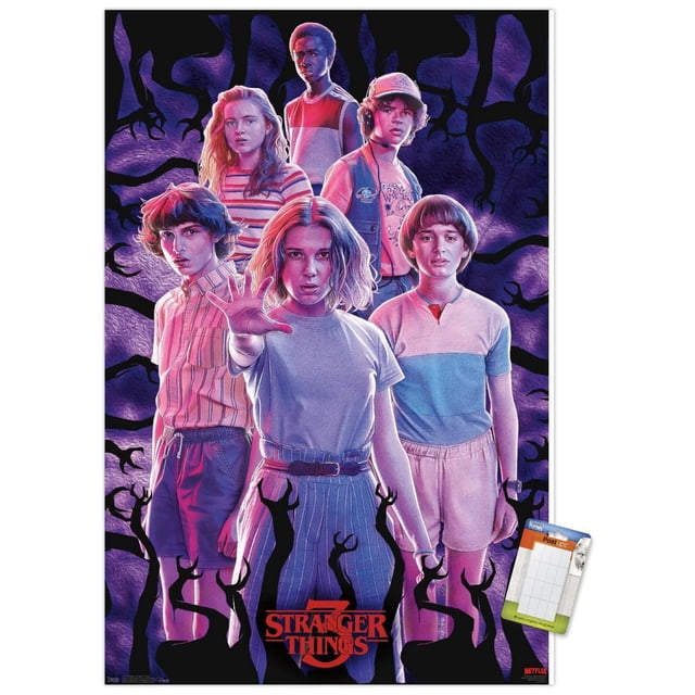 Netflix Stranger Things: Season 3 - Group Wall Poster, 14.725" x 22.375" featuring six characters in 1980s attire standing before a dark purple background with black clawed shadows, the red Stranger Things 3 logo at the bottom, printed on glossy poster paper suitable for wall décor.