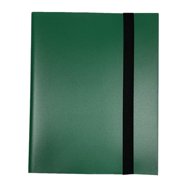 TISHITA 9 Pockets Trading Card Carrying Binder in green, designed for storing and organizing trading cards, postcards, and sports cards. Made from premium water-resistant PP material, it features 30 pages with 9 side-loading pockets per page, accommodating up to 540 cards. The binder includes a secure elastic band closure and a lightweight padded layer to protect cards from damage. Dimensions: 24.5cm x 30.5cm (9.65in x 12.01in).